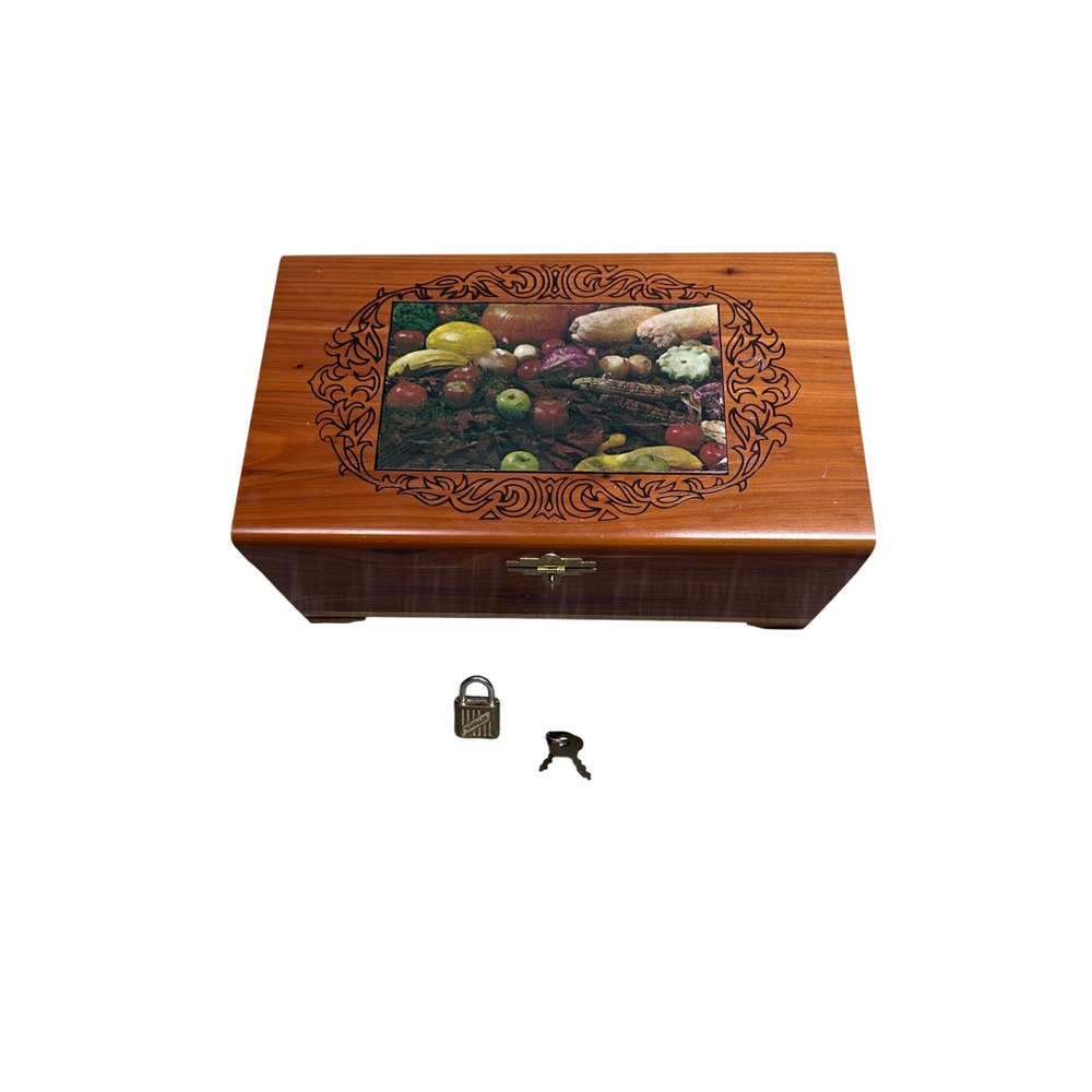 Vintage Cedar Wood Keepsake Box‎ Fruits Vegetables Lock Key Decorative 70s